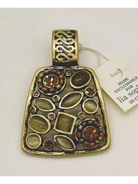 Lia Sophia Tapestry Slide Pendant Antique Gold Tone Gemstone Crystal Boho Ornate
